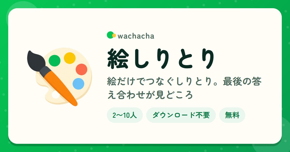 絵しりとり。絵だけでつなぐしりとり。最後の答え合わせが見どころ。2〜10人、15分くらい