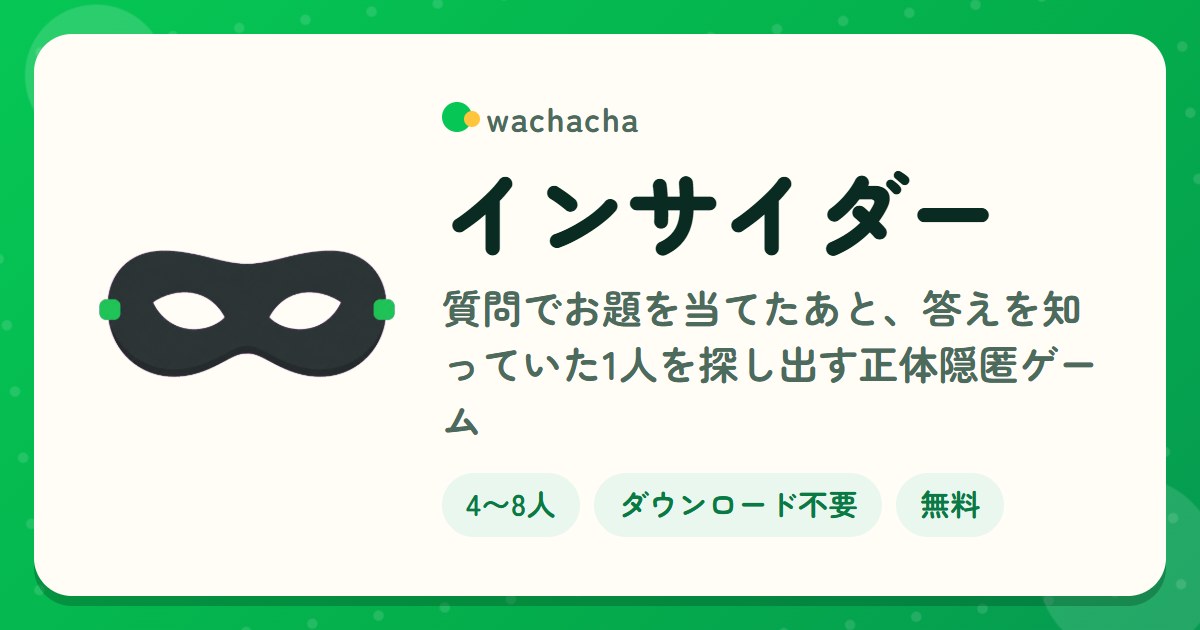 インサイダー。質問でお題を当てたあと、答えを知っていた1人を探し出す正体隠匿ゲーム。4〜8人、15分くらい