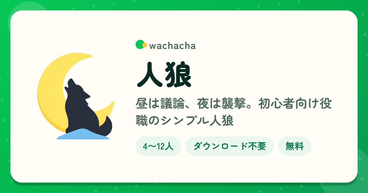 人狼。昼は議論、夜は襲撃。初心者向け役職のシンプル人狼。4〜12人、じっくり