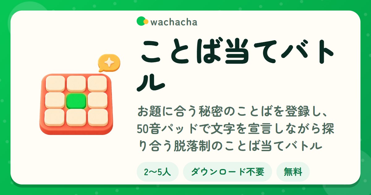お題に合う秘密のことばを登録し、50音パッドで文字を宣言しながら探り合う脱落制のことば当てバトル
