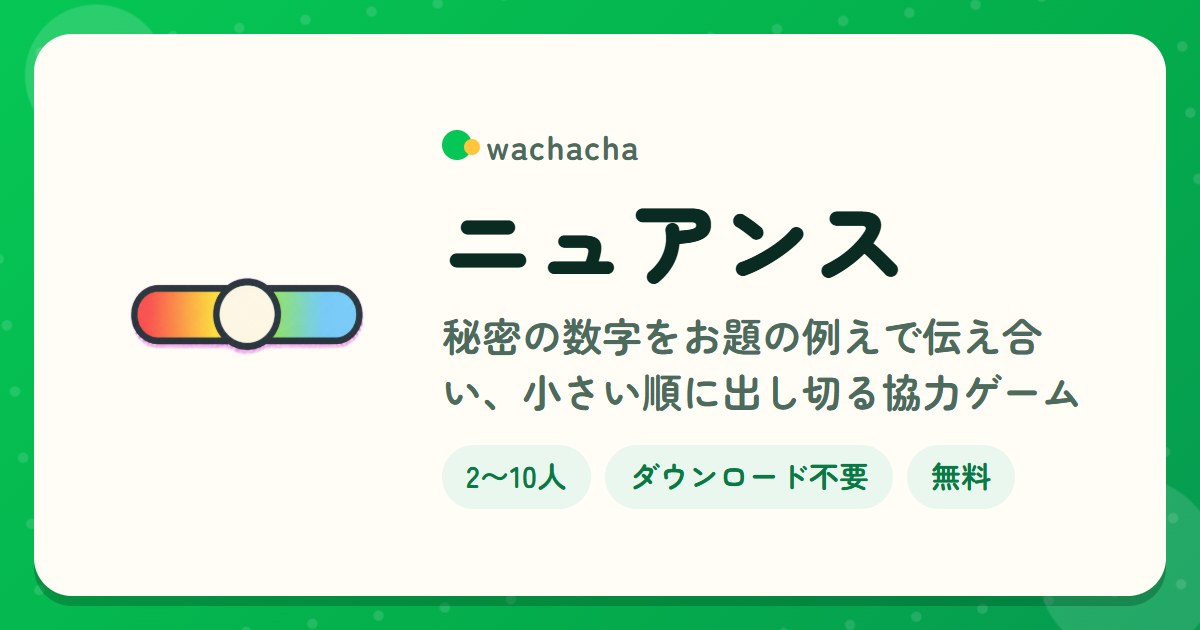 ニュアンス。秘密の数字をお題の例えで伝え合い、小さい順に出し切る協力ゲーム。2〜10人、15分くらい