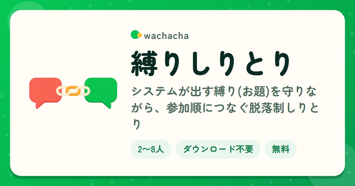 縛りしりとり。システムが出す縛り(お題)を守りながら、参加順につなぐ脱落制しりとり。2〜8人、5分くらい