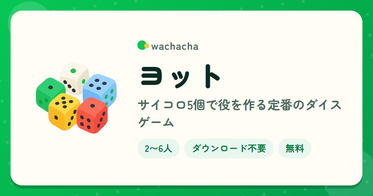 ヨット。サイコロ5個で役を作る定番のダイスゲーム。2〜6人、15分くらい