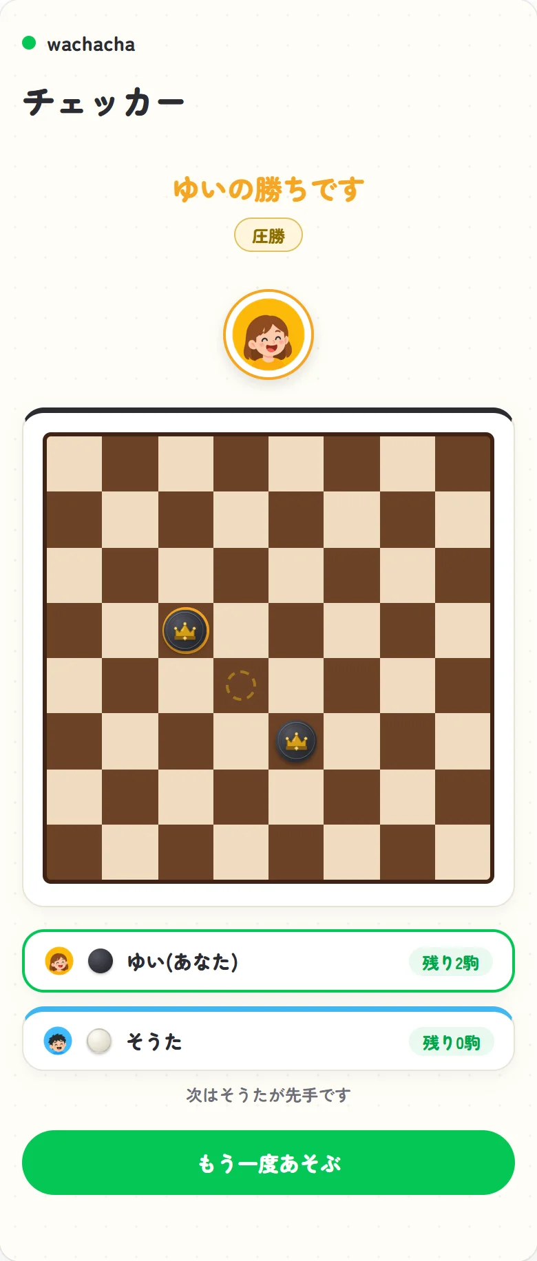 チェッカーでゆいが白を全滅させて勝利した結果画面