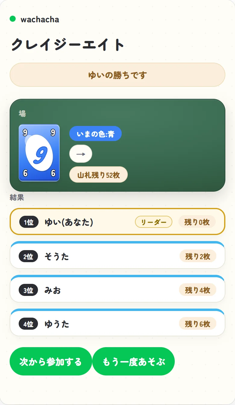 クレイジーエイトの対局結果と順位一覧の画面