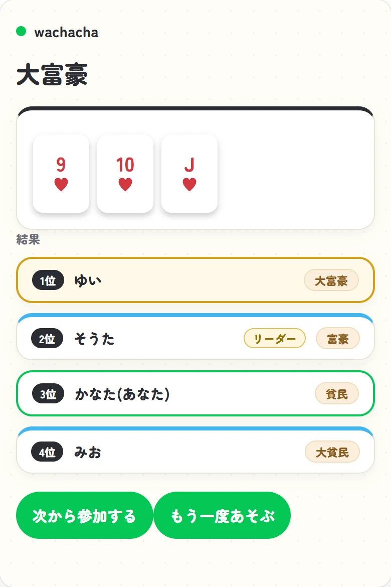 大富豪の対局結果と称号一覧の画面