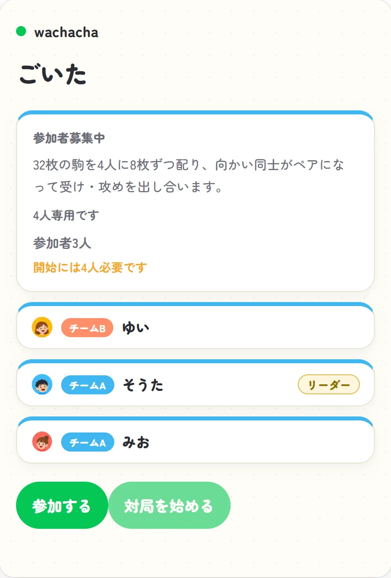 ごいたの参加者募集中のロビー画面(4人専用)