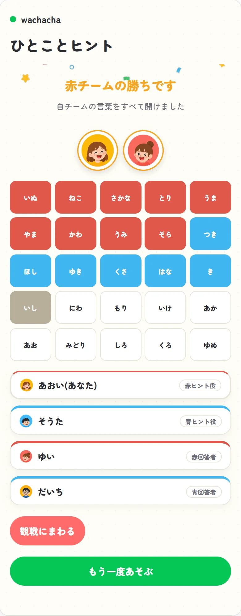 ひとことヒントでチームが勝利した結果画面