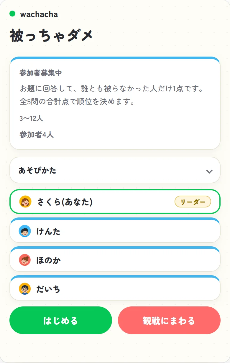 かぶりの参加者募集画面。開始ボタンを押せるリーダー視点のロビー