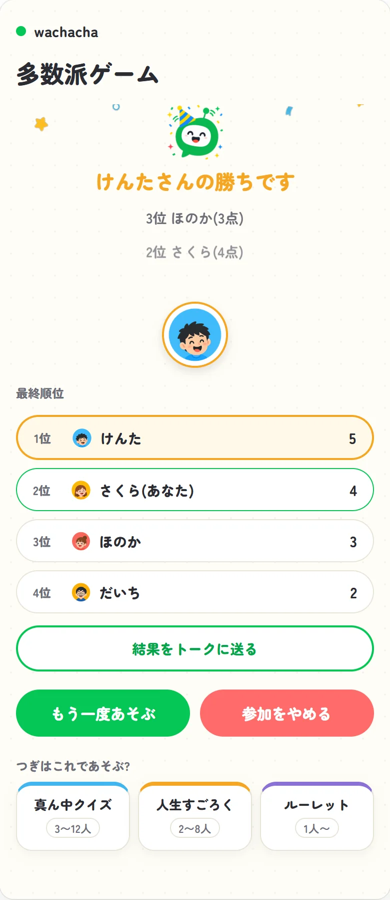 多数派の最終順位発表画面
