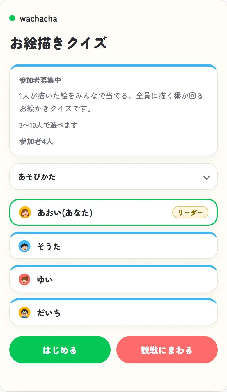 お絵かきの参加者募集画面。開始ボタンを押せるリーダー視点のロビー