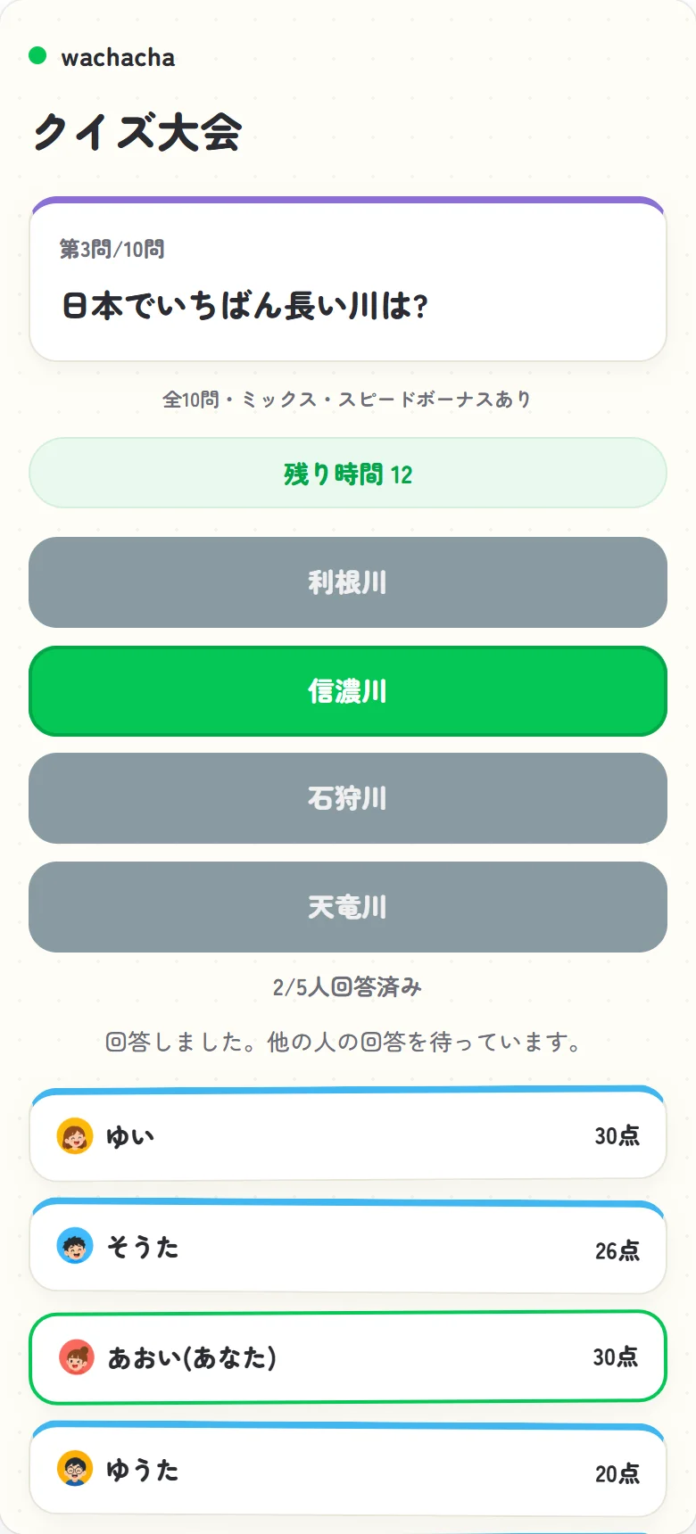 回答した直後、自分が選んだ選択肢だけが残り他が沈む出題画面