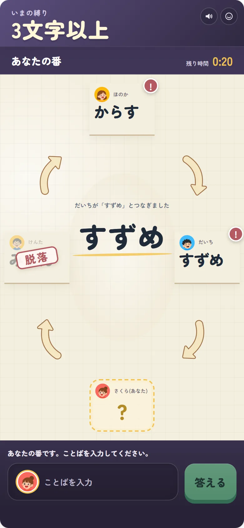 縛りしりとりの進行中、席の輪でお互いの最新のことばを見ながら答える画面